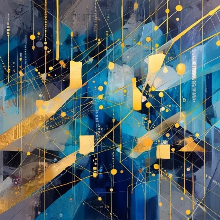 Pintura abstracta conceptual de líneas y formas geométricas interconectadas en tonos azules, grises y dorados, simbolizando transacciones financieras y obligaciones legales.
