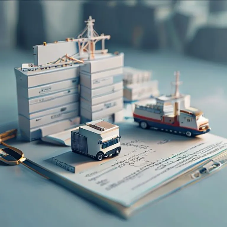 Representación 3D de facturas comerciales y un sello de cera, con elementos que simbolizan el transporte de mercancías.