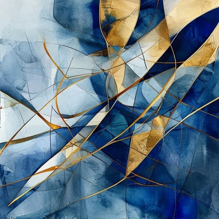 Pintura abstracta en acuarela con líneas y formas geométricas que simbolizan contratos y el flujo comercial.