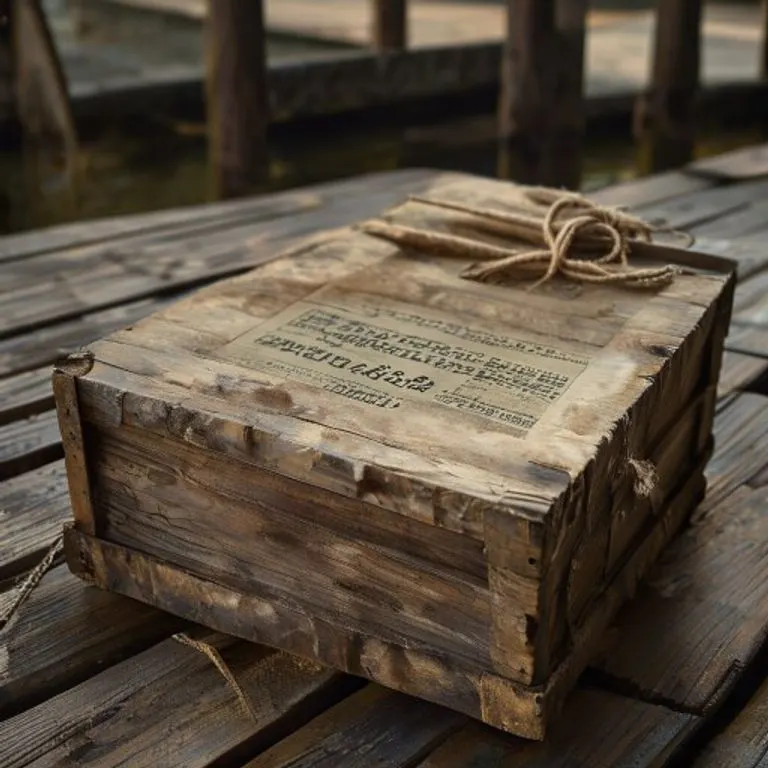 Bodegón de una caja de madera antigua en un muelle, con un pergamino enrollado, evocando documentos legales y comercio marítimo.