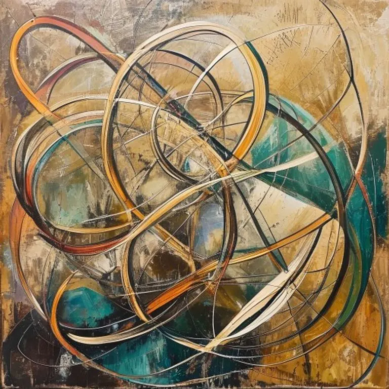 Pintura abstracta al óleo con líneas entrelazadas y símbolos que representan rutas comerciales y cláusulas legales, en tonos tierra y metálicos.