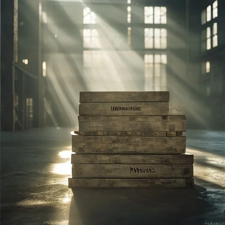 Bodegón cinematográfico de cajas de madera selladas con la etiqueta 'Mercancías' en un almacén con luz tenue y rayos de luz que entran por las ventanas.