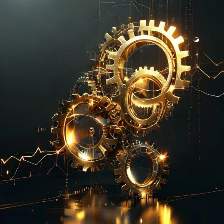 Arte conceptual abstracto de seguridad financiera y crédito, con engranajes de oro y plata entrelazados y líneas luminosas que representan el flujo de datos sobre un fondo oscuro.