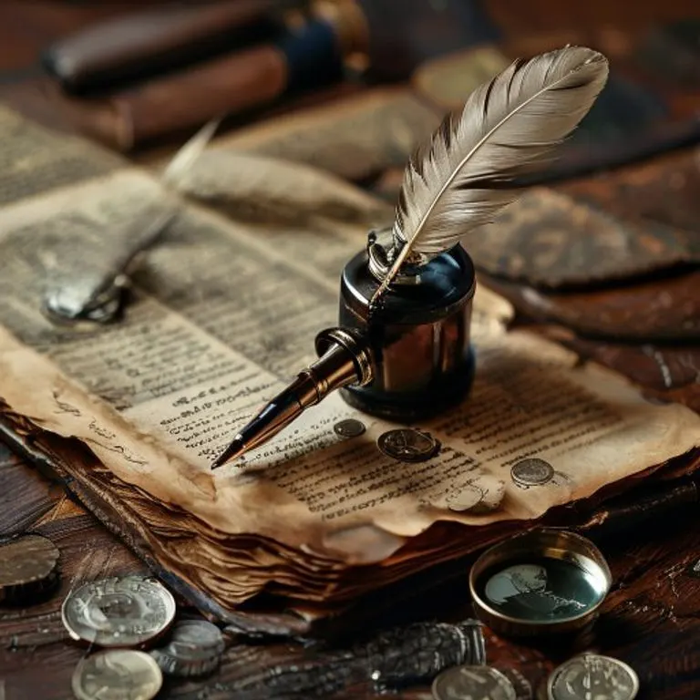 Cinematic still life of a vintage inkwell and quill pen resting on an open, leather-bound legal code, illuminated by a soft, directional light. Scattered around are old coins and a magnifying glass, suggesting meticulous examination of financial and legal history.