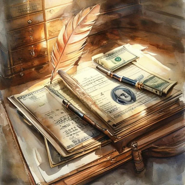 Pintura acuarela de un escritorio antiguo con una pluma, un libro de contabilidad y billetes, iluminados cálidamente.