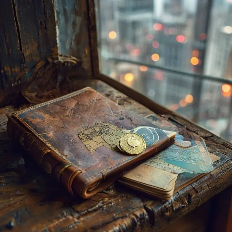Fotografía cinematográfica de una cartera de viaje de cuero con pasaporte, monedas extranjeras y un mapa, sobre una mesa de madera.