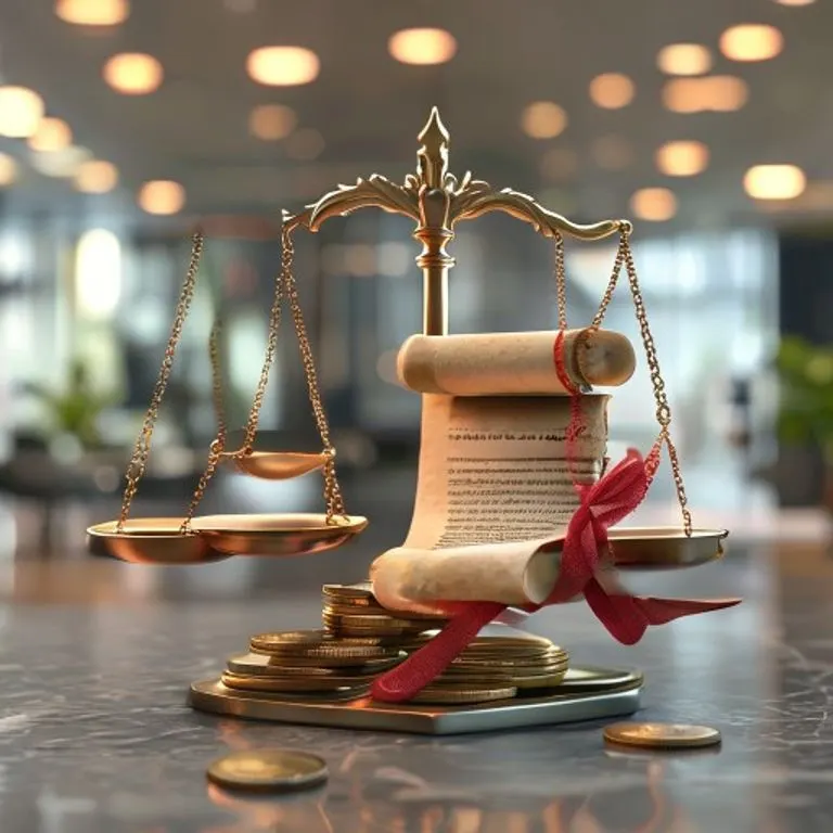 Renderizado 3D de una balanza legal estilizada que equilibra una pila de monedas en un lado y un pergamino enrollado atado con una cinta roja en el otro, sobre un fondo suave y borroso de un vestíbulo bancario moderno.