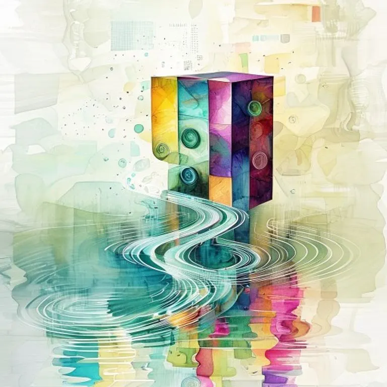 Arte conceptual, estilo acuarela, que representa un río fluido de símbolos monetarios abstractos (como $ y €) que se fusionan en un bloque geométrico sólido que representa la certeza legal, con sutiles ondas y reflejos.