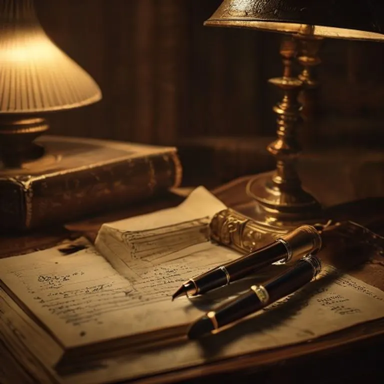 Fotografía cinematográfica de naturaleza muerta: una pluma estilográfica antigua reposando sobre un libro de código legal de cuero abierto, con un formulario de cheque parcialmente escrito al lado. Iluminación tenue de una lámpara de escritorio, creando sombras largas y una atmósfera de formalidad legal.