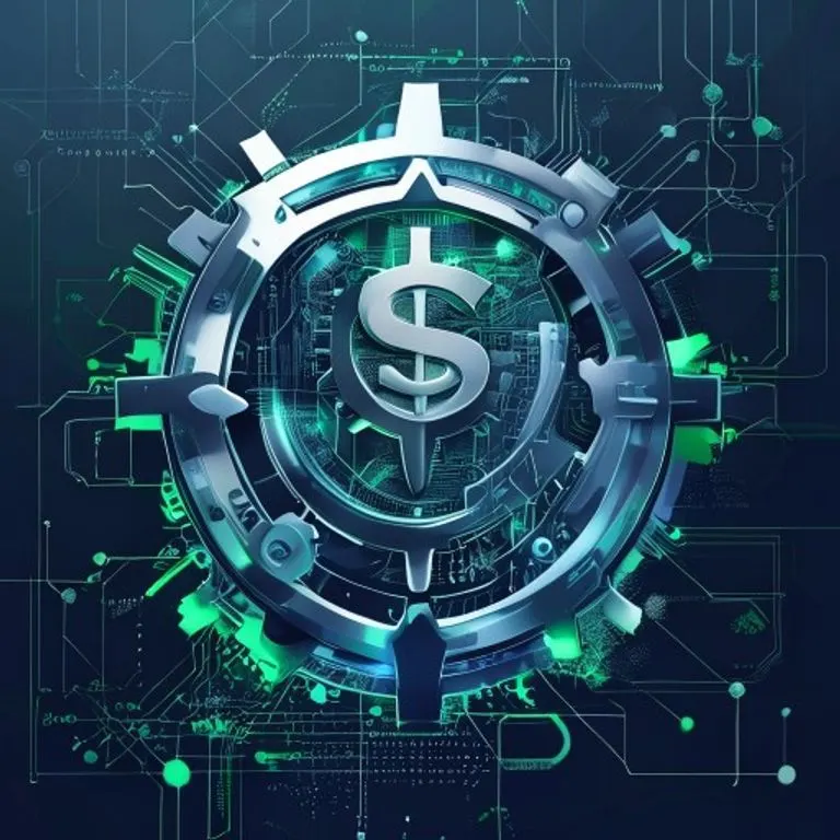 Arte conceptual abstracto de seguridad financiera y regulación, con engranajes entrelazados y circuitos digitales formando un escudo protector alrededor de un símbolo de moneda estilizado. Paleta de colores azul oscuro, plata y verde sutil, sugiriendo confianza y tecnología. Líneas limpias y formas geométricas.