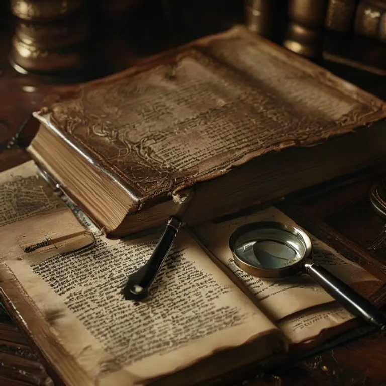 Mesa de abogado con libros de leyes abiertos, lupa y sobre sellado, iluminada dramáticamente.