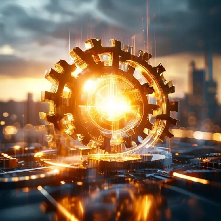 Renderizado 3D abstracto de engranajes entrelazados de latón y acero, con luz brillante, simbolizando la seguridad financiera y los acuerdos comerciales.