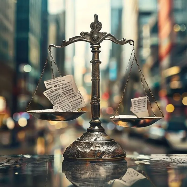 Escultura fragmentada de balanza de la justicia con documentos legales.