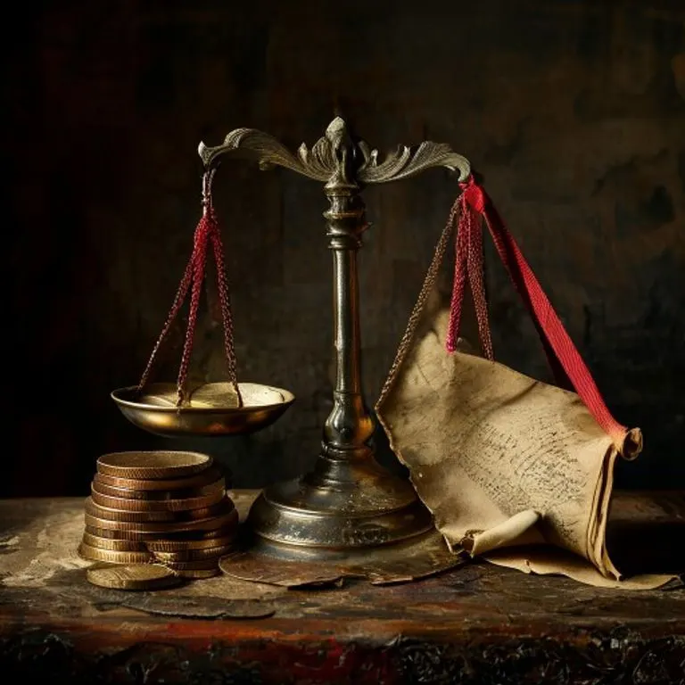 Bodegón cinematográfico de una balanza antigua con monedas y un pergamino enrollado, simbolizando la justicia y el derecho.