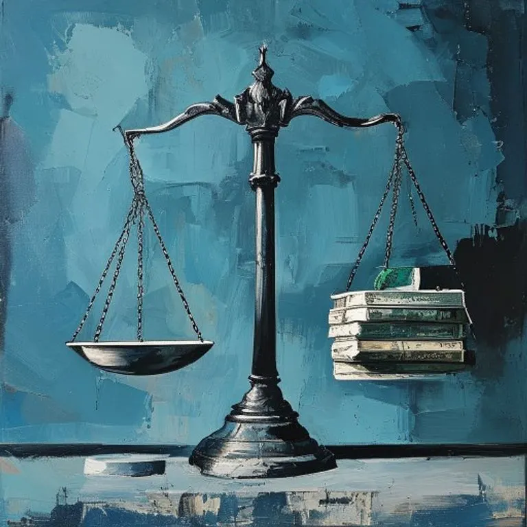 Pintura conceptual de una balanza con un libro de leyes y dinero, representando el equilibrio entre la justicia y la economía.