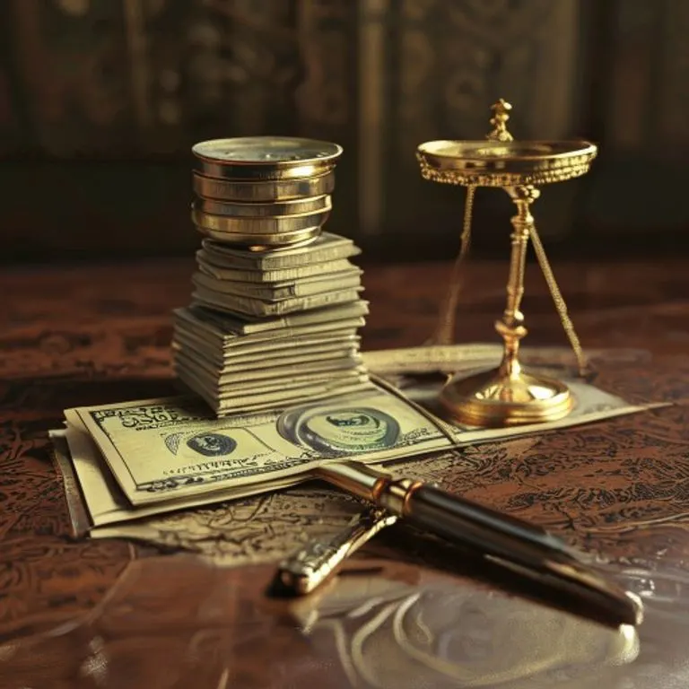 Billetes antiguos y balanza en una mesa de caoba