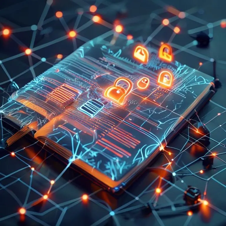 Ilustración 3D de un libro de contabilidad transparente con líneas brillantes, firmas digitales y candados, representando la transferencia segura de instrumentos financieros.