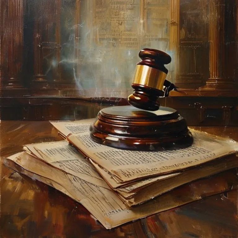 Pintura al óleo de un mazo de juez sobre documentos legales, con un resplandor etéreo, simbolizando la justicia y el recurso legal en el comercio.