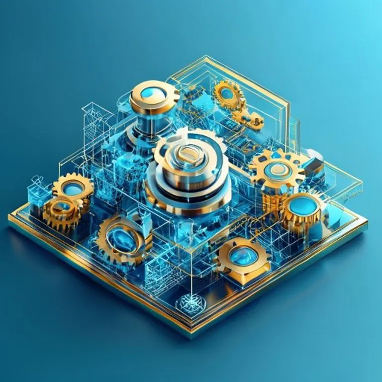 Renderizado isométrico de engranajes interconectados y símbolos financieros abstractos, representando la estructura legal y las garantías.
