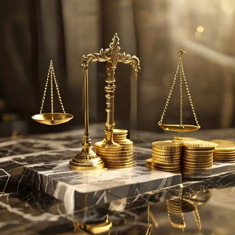 Balanza de la justicia con documentos legales y monedas de oro, representando la determinación de compensaciones en litigios de propiedad industrial.