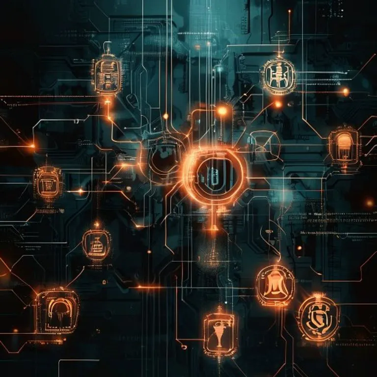 Circuitos digitales interconectados con sellos oficiales y símbolos de propiedad intelectual, representando el registro y la protección legal de innovaciones.