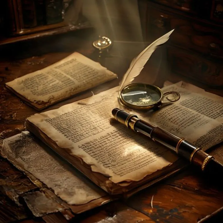 Bodegón cinematográfico de un escritorio antiguo con documentos legales dispersos, una pluma de ave y una lupa, iluminado por un rayo de luz.