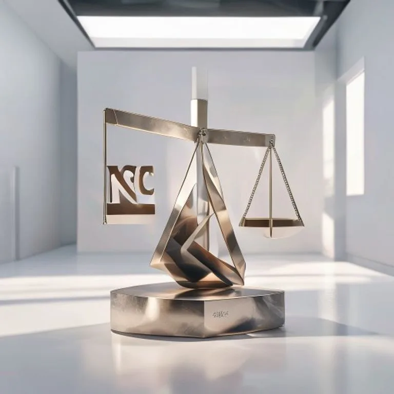 Render 3D de una escultura abstracta que representa el equilibrio y la justicia, con formas geométricas entrelazadas en metal pulido y vidrio esmerilado, destacando los símbolos 'NC' y 'E'.