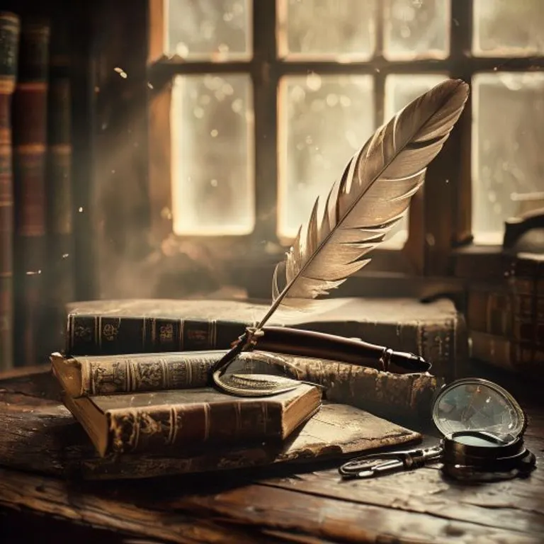Bodegón cinematográfico de un antiguo escritorio de madera con una pluma de ave, libros de leyes encuadernados en cuero y una lupa sobre un mapa descolorido de Sudamérica.