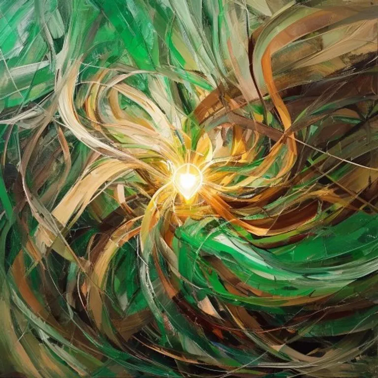 Pintura al óleo abstracta que representa una red de pinceladas diversas y fluidas en colores armoniosos, convergiendo hacia un emblema central brillante, simbolizando la unidad y el propósito colectivo.