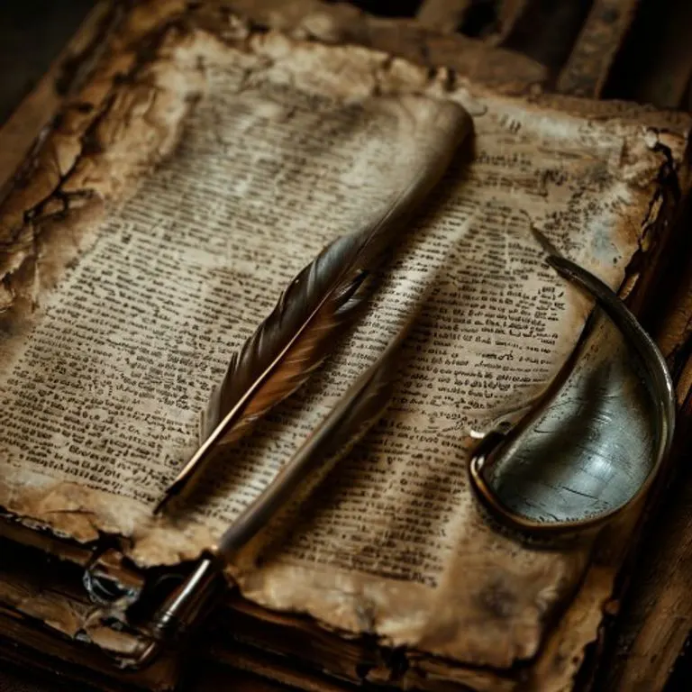 Bodegón cinematográfico de un antiguo tomo legal abierto con texto descolorido, una pluma de ave y una lupa, con iluminación dramática.