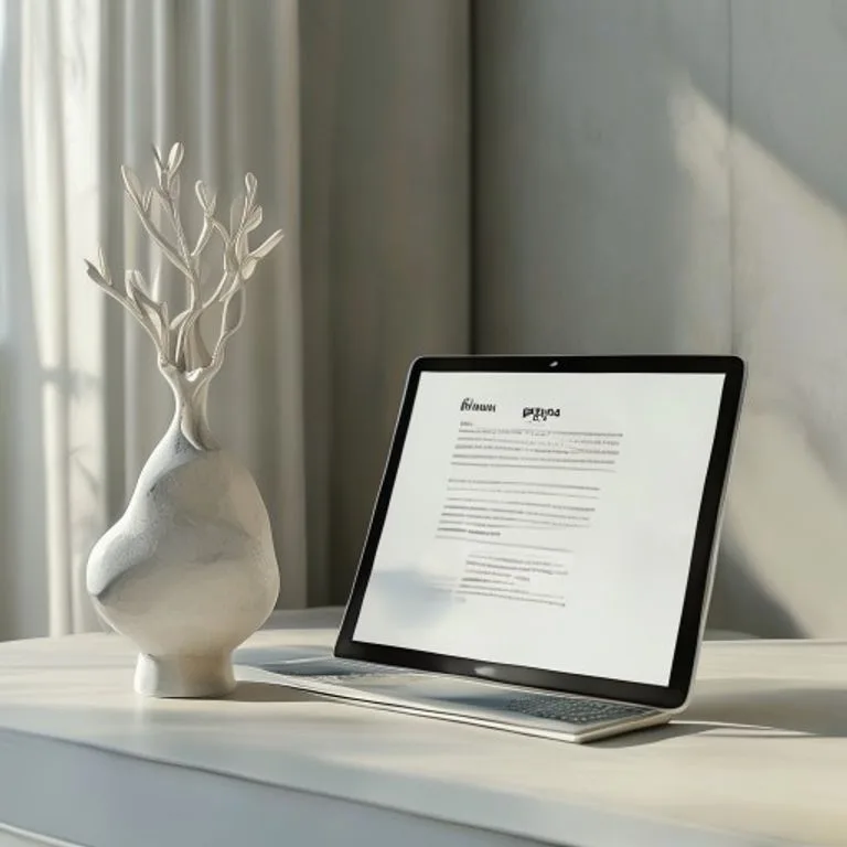 Renderizado 3D de un escritorio minimalista moderno con una tableta mostrando un formulario de registro de marca digital, junto a una escultura abstracta de propiedad intelectual.