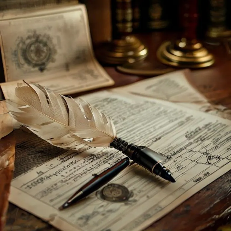 Bodegón cinematográfico de documentos legales antiguos, una pluma de ave y un sello de cera sobre un escritorio de madera pulida, con un tenue plano de un logotipo de empresa al fondo.