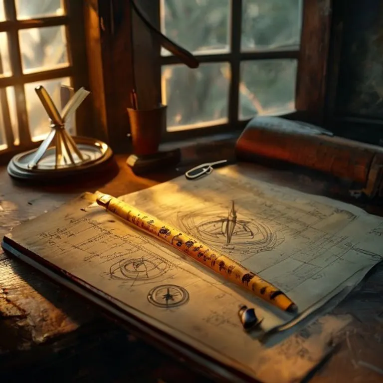 Mesa de dibujo vintage con el Código de Comercio Colombiano abierto, herramientas de diseño y un boceto a medio terminar, evocando la historia de la innovación y la ley.