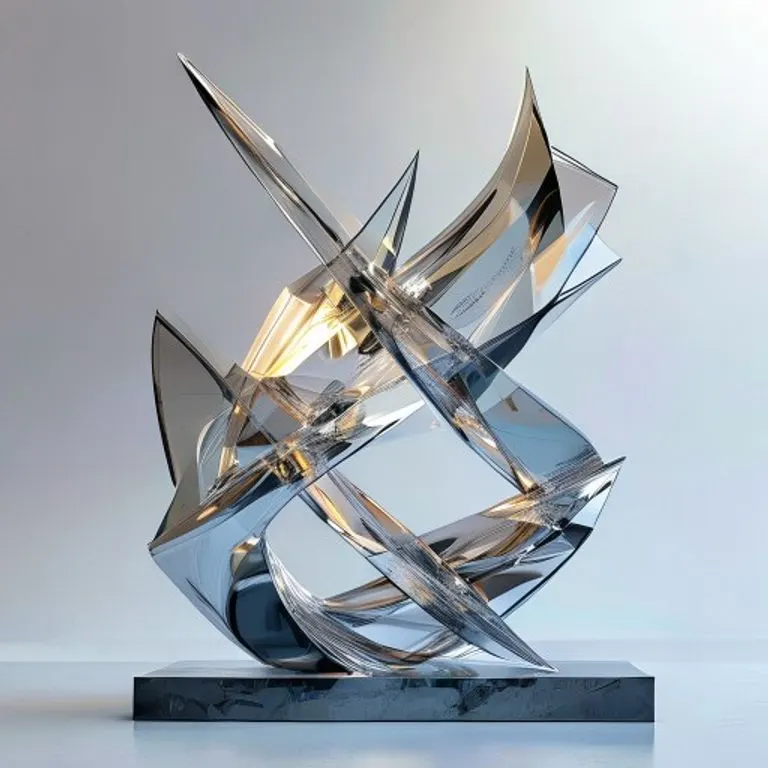 Escultura abstracta de metal pulido y acrílico, simbolizando la fusión de creatividad y protección legal en el diseño industrial.