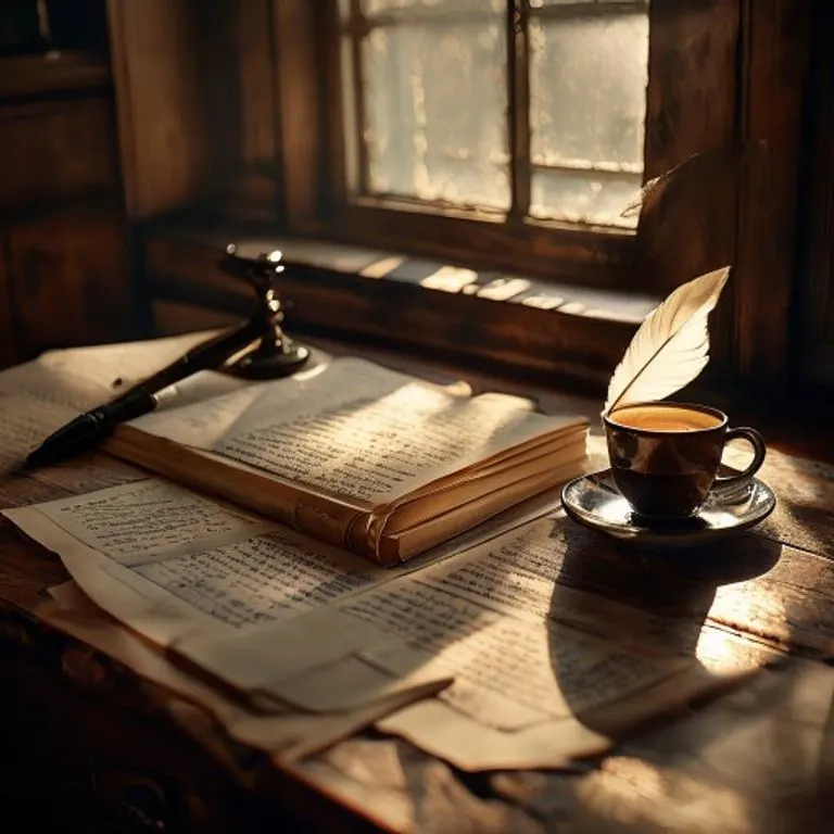 Escritorio vintage con documentos legales, pluma y sello de cera, bajo una luz dramática.