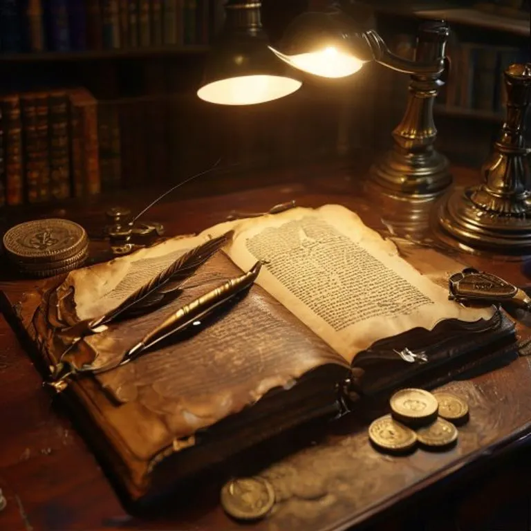 Una vista detallada de un libro de contabilidad antiguo abierto en un escritorio de madera, con una pluma y monedas dispersas, evocando el comercio histórico y la meticulosa contabilidad.