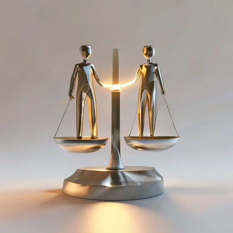Representación 3D de dos figuras abstractas de metal pulido sobre una balanza perfectamente equilibrada, con una luz brillante en el centro que simboliza el reparto equitativo de ganancias o pérdidas.