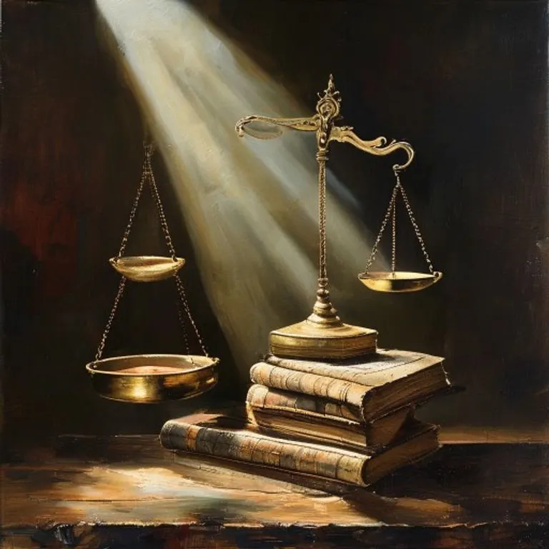 Pintura al óleo de una balanza de justicia y libros contables antiguos, simbolizando la responsabilidad legal y patrimonial.