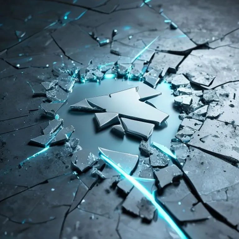 Render 3D de un sello de empresa roto en pedazos sobre una superficie metálica, simbolizando la disolución y liquidación de una sociedad.