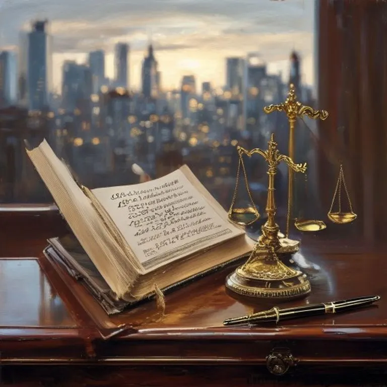 Pintura al óleo de un libro antiguo de leyes abierto sobre un escritorio de madera, con una pluma y una balanza de la justicia, simbolizando el Código de Comercio.