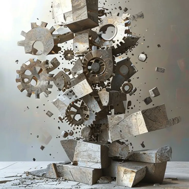 Escultura abstracta de una estructura corporativa fragmentándose, simbolizando el proceso de disolución y toma de decisiones.