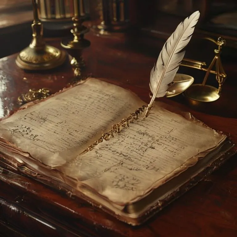 Naturaleza muerta cinematográfica de un libro de contabilidad antiguo de cuero abierto en una página con entradas manuscritas y símbolos matemáticos, apoyado sobre un escritorio de caoba pulida junto a una pluma de ave y una pequeña balanza de latón antigua, bañado en una luz suave y direccional.