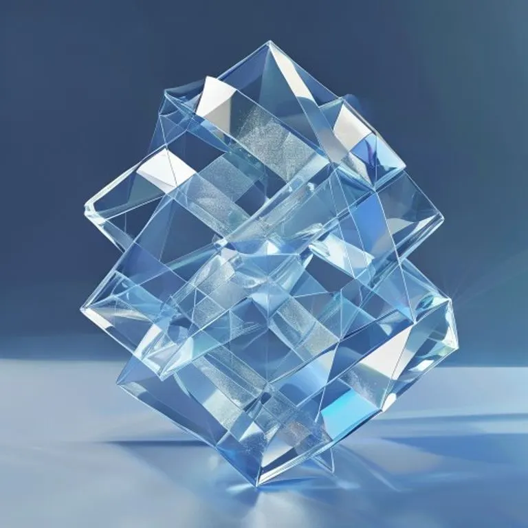 Renderizado 3D de formas geométricas abstractas entrelazadas que forman una estructura robusta y transparente, simbolizando la estabilidad corporativa y los marcos legales, con sutiles refracciones de luz y un fondo degradado que transita de un índigo profundo a un gris suave.