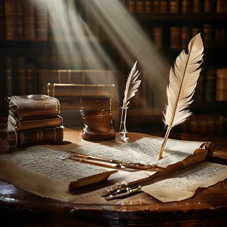 Bodegón de un escritorio con libros de derecho, una pluma y un documento con sellos.