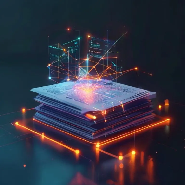 Representación 3D de una pila de informes financieros y balances, con líneas de datos brillantes conectándolos a una proyección holográfica de una estructura corporativa.