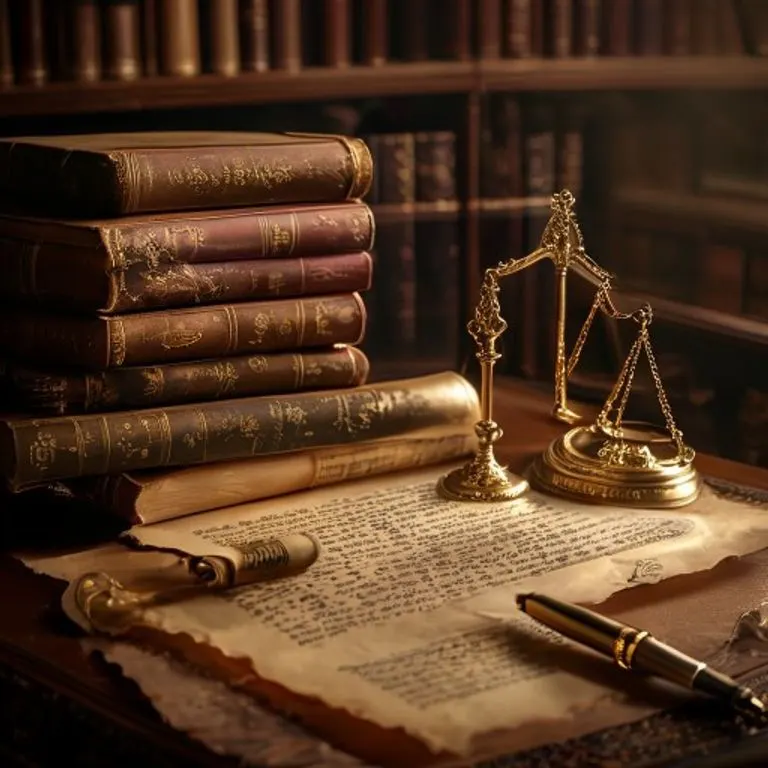 Bodegón cinematográfico de un escritorio con tomos legales antiguos, una pluma de ave, una balanza de latón y un pergamino enrollado, iluminado dramáticamente.