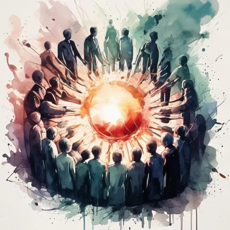 Pintura conceptual en acuarela de figuras abstractas en torno a un orbe brillante, simbolizando la toma de decisiones colectiva y el poder de los accionistas.