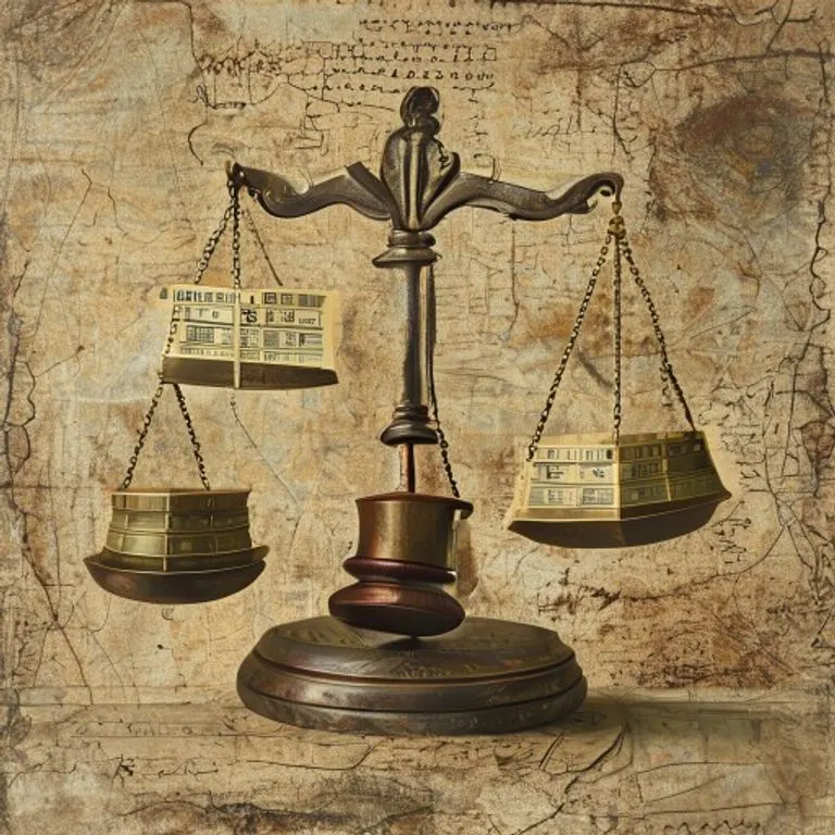 Balanza equilibrada con acciones y un mazo, simbolizando el equilibrio legal y financiero en la negociación de acciones.