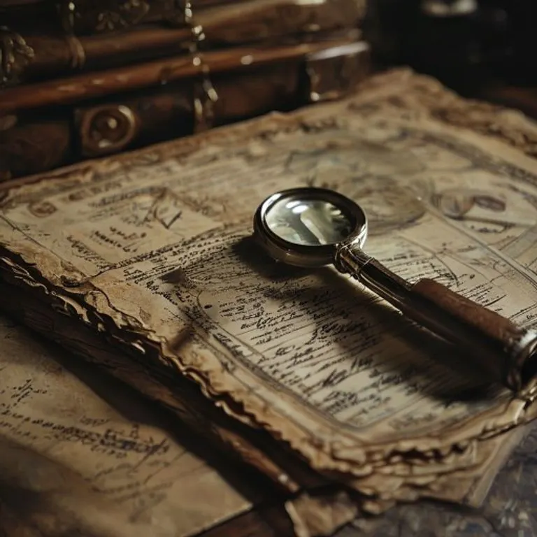 Fotografía cinematográfica de un escritorio antiguo con una lupa sobre certificados de acciones y un libro contable.