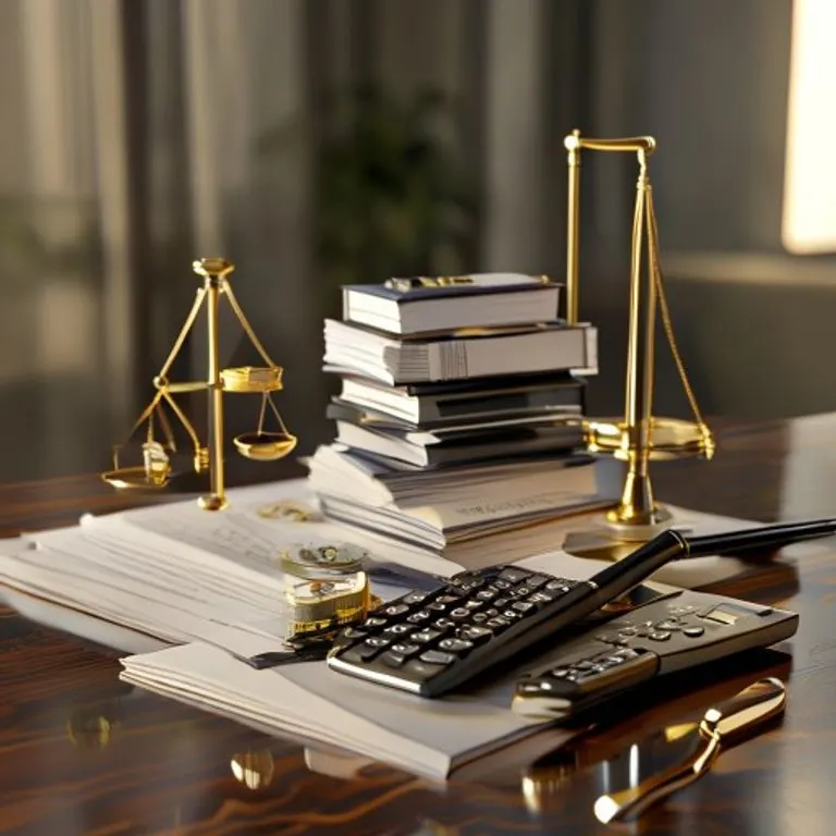 Representación 3D de documentos corporativos, lupa, balanza y calculadora sobre una mesa, simbolizando el proceso de avalúo de activos.